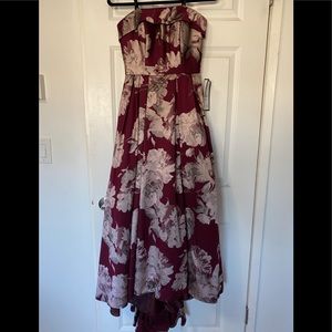 High low burgundy floral ball gown